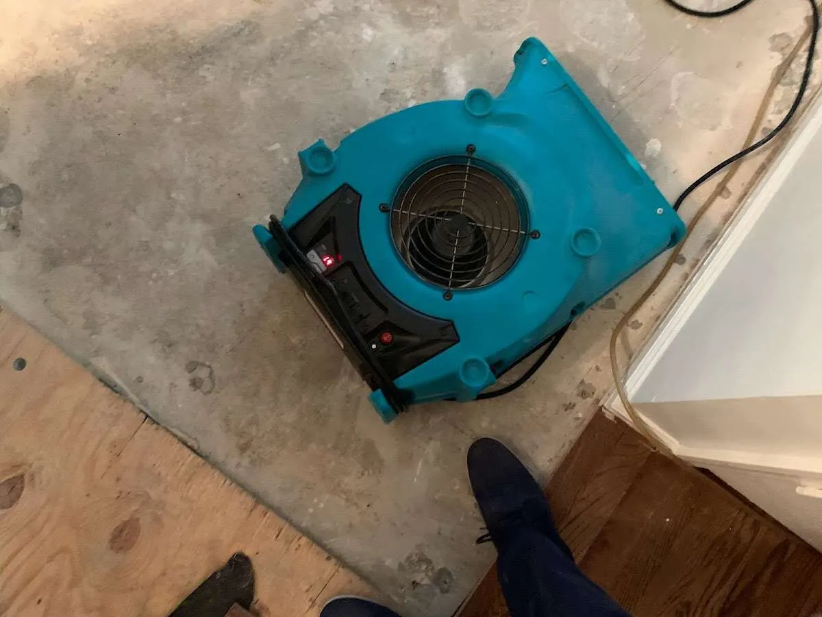 Air mover drying subfloor during Commercial Water Damage Restoration in North Decatur